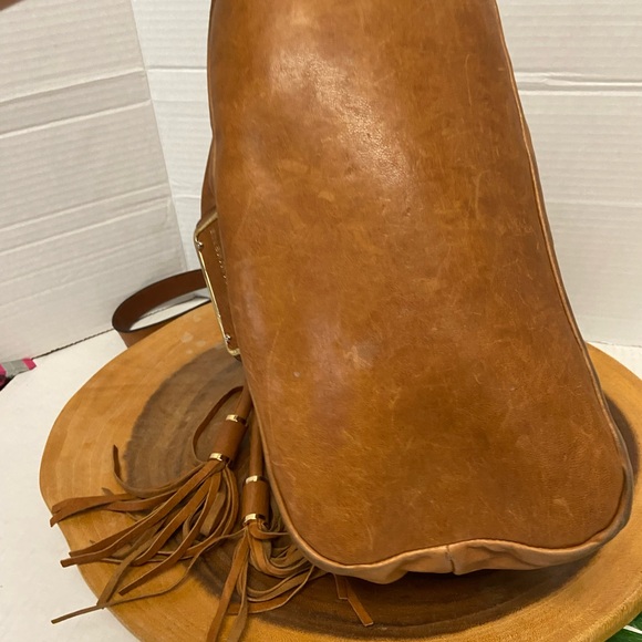 Joelle Hawkens Soft Smooth Caramel Color Leather Drawstring Bucket Bag - Picture 7 of 16